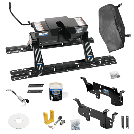 For 2003-2010 Dodge Ram 3500 Custom Outboard Above Bed Rail Kit + 16K Fifth Wheel + King Pin Lock + Base Rail Lock + 10" Lube Plate + Fifth Wheel Cover + Lube (For 5'8 or Shorter Bed (Sidewinder Required), w/o Factory Puck System Models) By Reese