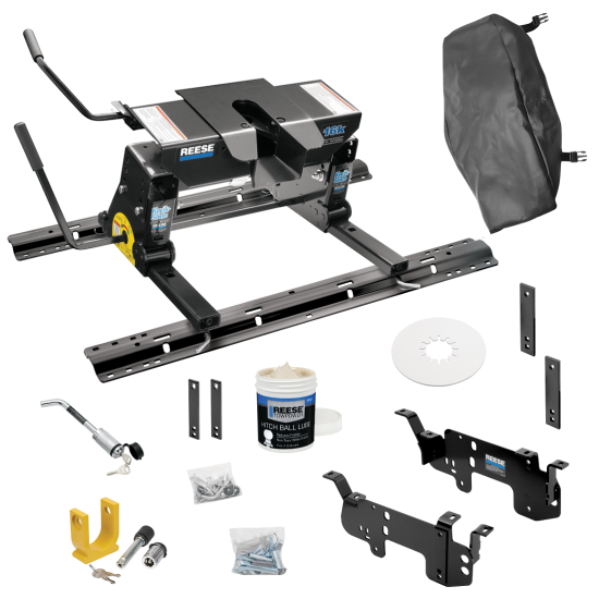 For 2003-2010 Dodge Ram 2500 Custom Outboard Above Bed Rail Kit + 16K Fifth Wheel + Square Slider + King Pin Lock + Base Rail Lock + 10" Lube Plate + Fifth Wheel Cover + Lube (For 6-1/2' or Shorter Bed, w/o Factory Puck System Models) By Reese