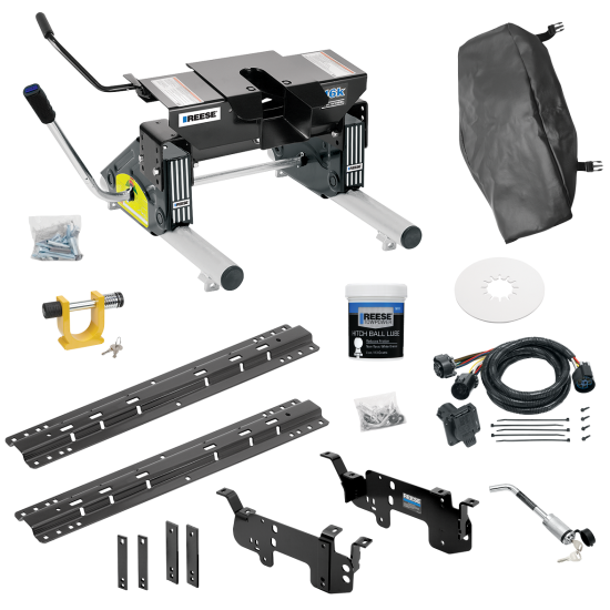 For 2003-2010 Dodge Ram 2500 Custom Outboard Above Bed Rail Kit + 16K Fifth Wheel + Round Tube Slider + In-Bed Wiring + King Pin Lock + Base Rail Lock + 10" Lube Plate + Fifth Wheel Cover + Lube (For 6-1/2' or Shorter Bed, w/o Factory Puck System Mod