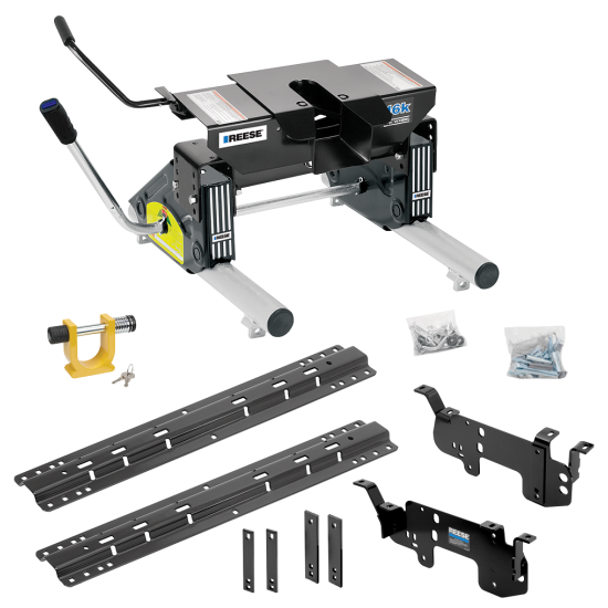 For 2003-2010 Dodge Ram 3500 Custom Outboard Above Bed Rail Kit + 16K Fifth Wheel + Round Tube Slider + King Pin Lock (For 6-1/2' or Shorter Bed, w/o Factory Puck System Models) By Reese