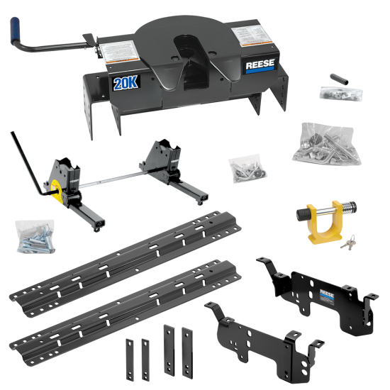 For 2003-2010 Dodge Ram 2500 Custom Outboard Above Bed Rail Kit + 20K Fifth Wheel + Square Slider + King Pin Lock (For 6-1/2' or Shorter Bed, w/o Factory Puck System Models) By Reese