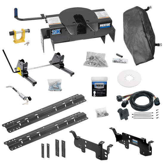 For 2003-2010 Dodge Ram 2500 Custom Outboard Above Bed Rail Kit + 20K Fifth Wheel + Square Slider + King Pin Lock + Base Rail Lock + 10" Lube Plate + Fifth Wheel Cover + Lube (For 6-1/2' or Shorter Bed, w/o Factory Puck System Models) By Reese