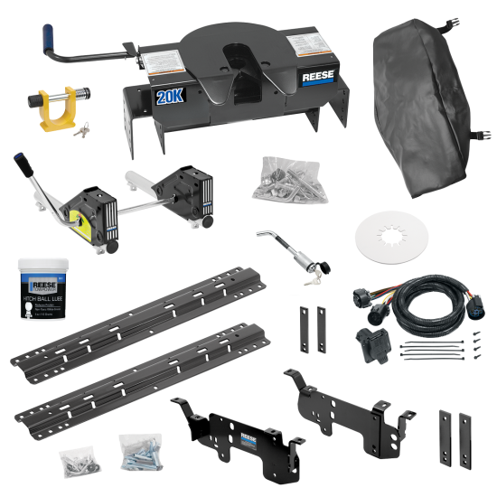 For 2003-2010 Dodge Ram 2500 Custom Outboard Above Bed Rail Kit + 20K Fifth Wheel + Round Tube Slider + King Pin Lock + Base Rail Lock + 10" Lube Plate + Fifth Wheel Cover + Lube (For 6-1/2' or Shorter Bed, w/o Factory Puck System Models) By Reese