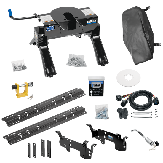 For 2003-2010 Dodge Ram 2500 Custom Outboard Above Bed Rail Kit + 20K Fifth Wheel + In-Bed Wiring + King Pin Lock + Base Rail Lock + 10" Lube Plate + Fifth Wheel Cover + Lube (For 6-1/2' and 8 foot Bed, w/o Factory Puck System Models) By Reese