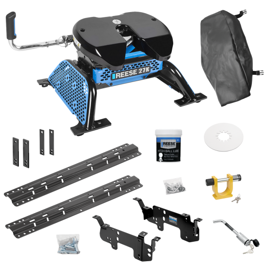 For 2011-2013 RAM 2500 Custom Outboard Above Bed Rail Kit + Reese M5 27K Fifth Wheel + King Pin Lock + Base Rail Lock + 10" Lube Plate + Fifth Wheel Cover + Lube (For 5'8 or Shorter Bed (Sidewinder Required), w/o Factory Puck System Models) By Reese