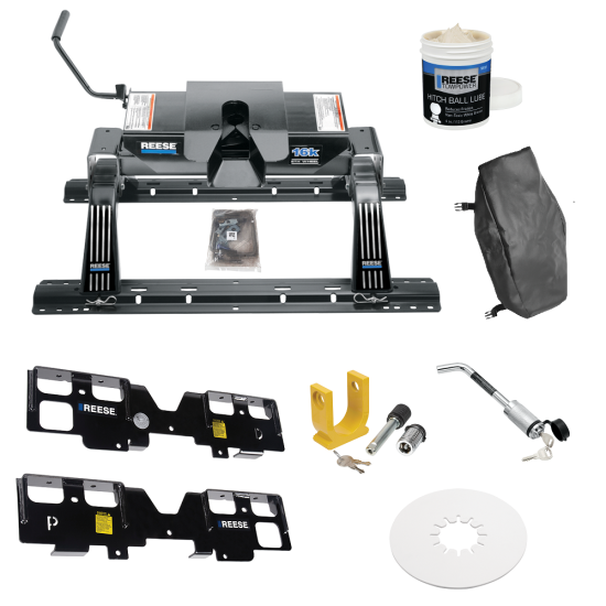 For 2019-2019 Chevrolet Silverado 1500 Custom Outboard Above Bed Rail Kit + 16K Fifth Wheel + King Pin Lock + Base Rail Lock + 10" Lube Plate + Fifth Wheel Cover + Lube (For 5'8 or Shorter Bed (Sidewinder Required), (New Body Style), w/o Factory Puck