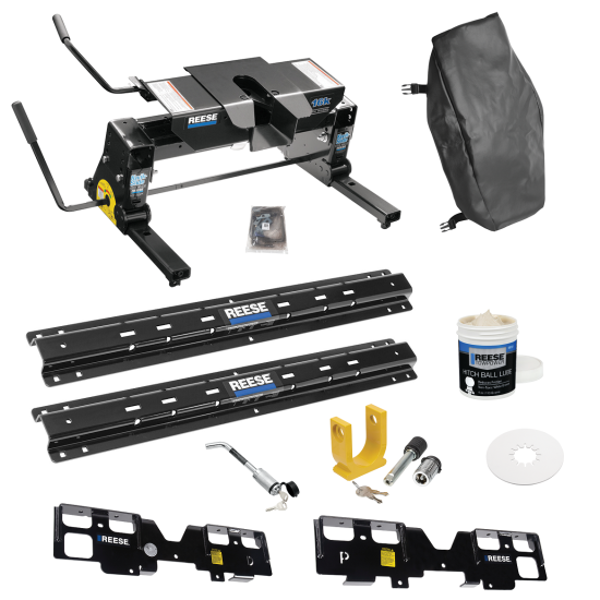 For 2019-2019 Chevrolet Silverado 1500 Custom Outboard Above Bed Rail Kit + 16K Fifth Wheel + Square Slider + King Pin Lock + Base Rail Lock + 10" Lube Plate + Fifth Wheel Cover + Lube (For 6-1/2' or Shorter Bed, (New Body Style), w/o Factory Puck Sy