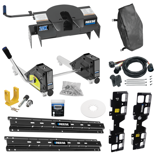 For 2019-2019 Chevrolet Silverado 1500 Custom Outboard Above Bed Rail Kit + 20K Fifth Wheel + Round Tube Slider + In-Bed Wiring + King Pin Lock + Base Rail Lock + 10" Lube Plate + Fifth Wheel Cover + Lube (For 6-1/2' or Shorter Bed, (New Body Style),