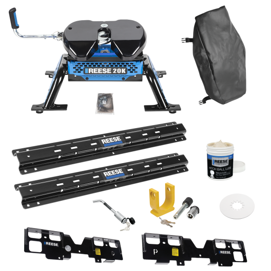 For 2019-2019 GMC Sierra 1500 Custom Outboard Above Bed Rail Kit + Reese M5 20K Fifth Wheel + King Pin Lock + Base Rail Lock + 10" Lube Plate + Fifth Wheel Cover + Lube (For 5'8 or Shorter Bed (Sidewinder Required), (New Body Style), w/o Factory Puck