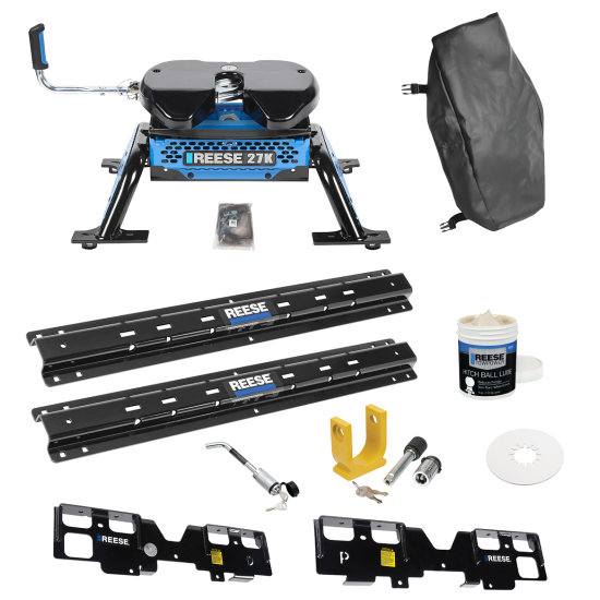 For 2019-2019 GMC Sierra 1500 Custom Outboard Above Bed Rail Kit + Reese M5 27K Fifth Wheel + King Pin Lock + Base Rail Lock + 10" Lube Plate + Fifth Wheel Cover + Lube (For 5'8 or Shorter Bed (Sidewinder Required), (New Body Style), w/o Factory Puck