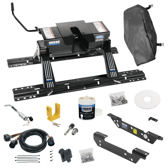 For 2011-2016 Ford F-350 Super Duty Custom Outboard Above Bed Rail Kit + 16K Fifth Wheel + In-Bed Wiring + King Pin Lock + Base Rail Lock + 10" Lube Plate + Fifth Wheel Cover + Lube (For 5'8 or Shorter Bed (Sidewinder Required), Except Cab & Chas