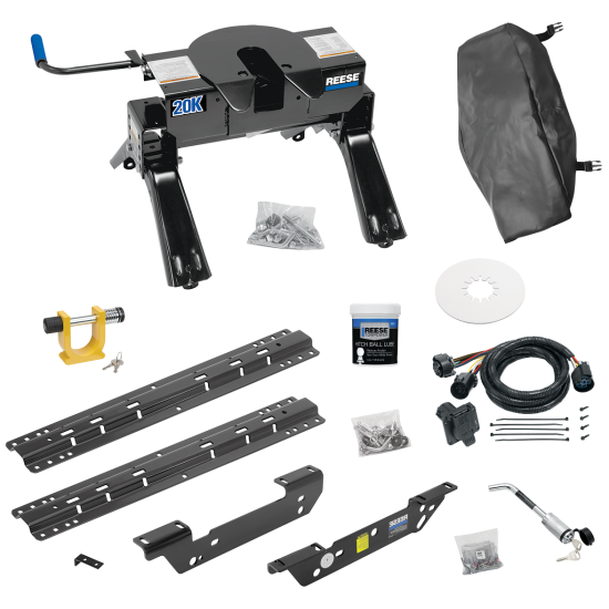 For 2011-2016 Ford F-450 Super Duty Custom Outboard Above Bed Rail Kit + 20K Fifth Wheel + In-Bed Wiring + King Pin Lock + Base Rail Lock + 10" Lube Plate + Fifth Wheel Cover + Lube (For 5'8 or Shorter Bed (Sidewinder Required), Except Cab & Chas