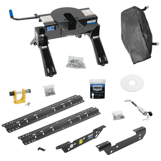 For 2011-2016 Ford F-250 Super Duty Custom Outboard Above Bed Rail Kit + 20K Fifth Wheel + King Pin Lock + Base Rail Lock + 10" Lube Plate + Fifth Wheel Cover + Lube (For 5'8 or Shorter Bed (Sidewinder Required), Except Cab & Chassis, w/o Factory