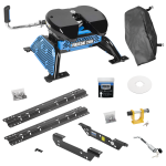 For 2011-2016 Ford F-450 Super Duty Custom Outboard Above Bed Rail Kit + Reese M5 20K Fifth Wheel + King Pin Lock + Base Rail Lock + 10" Lube Plate + Fifth Wheel Cover + Lube (For 5'8 or Shorter Bed (Sidewinder Required), Except Cab & Chassis, w/