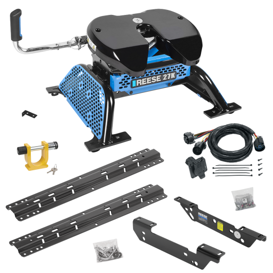 For 2011-2016 Ford F-450 Super Duty Custom Outboard Above Bed Rail Kit + Reese M5 27K Fifth Wheel + In-Bed Wiring + King Pin Lock (For 5'8 or Shorter Bed (Sidewinder Required), Except Cab & Chassis, w/o Factory Puck System Models) By Reese