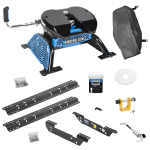 For 2011-2016 Ford F-450 Super Duty Custom Outboard Above Bed Rail Kit + Reese M5 27K Fifth Wheel + King Pin Lock + Base Rail Lock + 10" Lube Plate + Fifth Wheel Cover + Lube (For 5'8 or Shorter Bed (Sidewinder Required), Except Cab & Chassis, w/