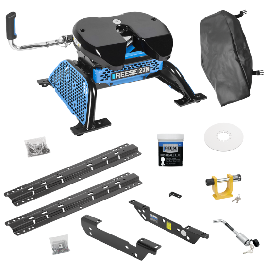 For 2011-2016 Ford F-450 Super Duty Custom Outboard Above Bed Rail Kit + Reese M5 27K Fifth Wheel + King Pin Lock + Base Rail Lock + 10" Lube Plate + Fifth Wheel Cover + Lube (For 5'8 or Shorter Bed (Sidewinder Required), Except Cab & Chassis, w/