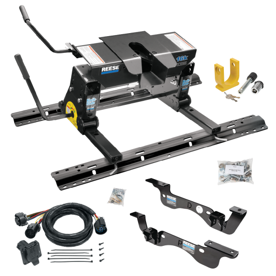 For 2017-2022 Ford F-450 Super Duty Custom Outboard Above Bed Rail Kit + 16K Fifth Wheel + Square Slider + In-Bed Wiring + King Pin Lock (For 6-1/2' or Shorter Bed, Except Cab & Chassis, w/o Factory Puck System Models) By Reese