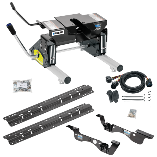 For 2017-2022 Ford F-450 Super Duty Custom Outboard Above Bed Rail Kit + 16K Fifth Wheel + Round Tube Slider + In-Bed Wiring (For 6-1/2' or Shorter Bed, Except Cab & Chassis, w/o Factory Puck System Models) By Reese