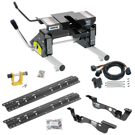 For 2017-2022 Ford F-450 Super Duty Custom Outboard Above Bed Rail Kit + 16K Fifth Wheel + Round Tube Slider + In-Bed Wiring + King Pin Lock (For 6-1/2' or Shorter Bed, Except Cab & Chassis, w/o Factory Puck System Models) By Reese