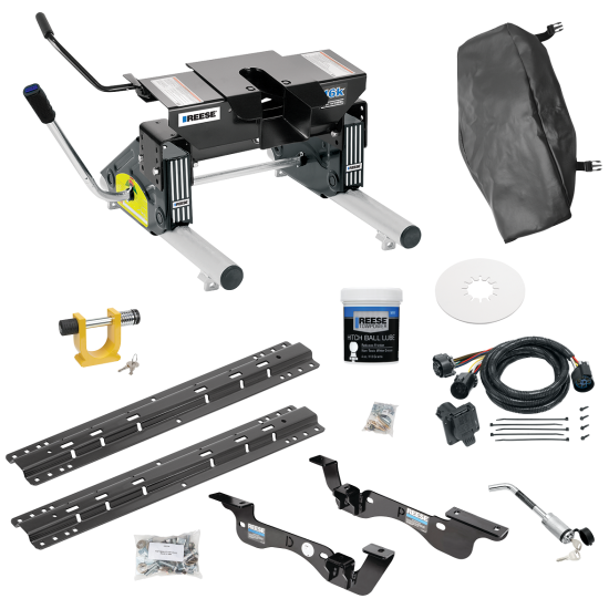 For 2017-2022 Ford F-450 Super Duty Custom Outboard Above Bed Rail Kit + 16K Fifth Wheel + Round Tube Slider + In-Bed Wiring + King Pin Lock + Base Rail Lock + 10" Lube Plate + Fifth Wheel Cover + Lube (For 6-1/2' or Shorter Bed, Except Cab & Cha