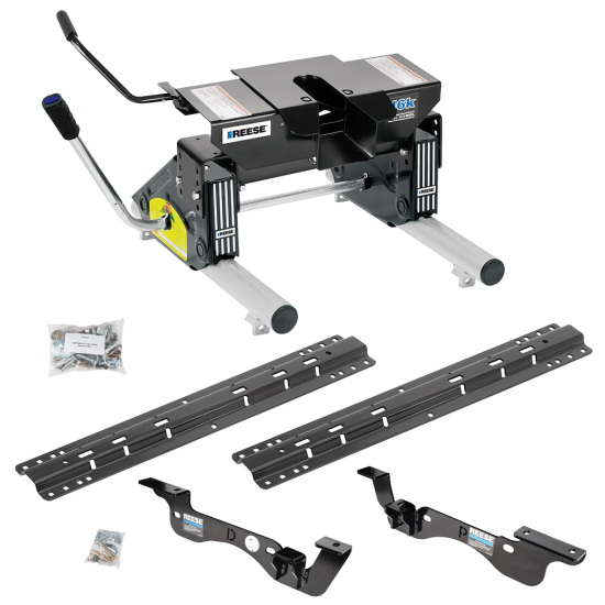 For 2017-2022 Ford F-450 Super Duty Custom Outboard Above Bed Rail Kit + 16K Fifth Wheel + Round Tube Slider (For 6-1/2' or Shorter Bed, Except Cab & Chassis, w/o Factory Puck System Models) By Reese