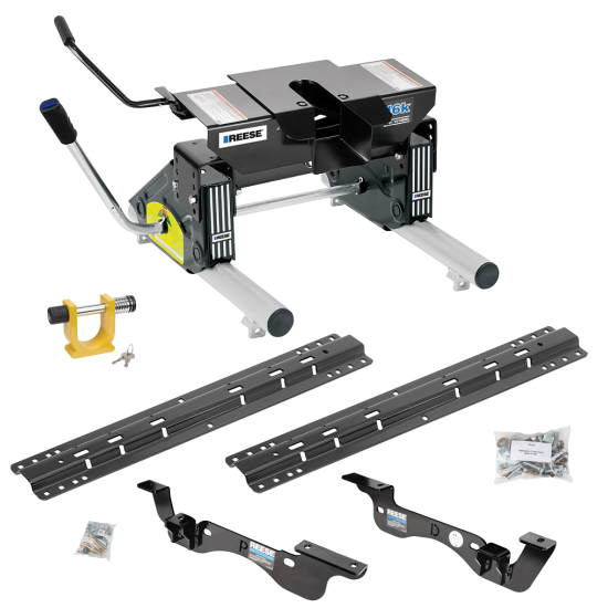 For 2017-2022 Ford F-450 Super Duty Custom Outboard Above Bed Rail Kit + 16K Fifth Wheel + Round Tube Slider + King Pin Lock (For 6-1/2' or Shorter Bed, Except Cab & Chassis, w/o Factory Puck System Models) By Reese