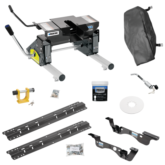 For 2017-2022 Ford F-450 Super Duty Custom Outboard Above Bed Rail Kit + 16K Fifth Wheel + Round Tube Slider + King Pin Lock + Base Rail Lock + 10" Lube Plate + Fifth Wheel Cover + Lube (For 6-1/2' or Shorter Bed, Except Cab & Chassis, w/o Factor