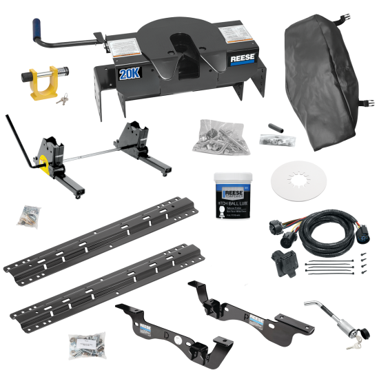 For 2017-2022 Ford F-450 Super Duty Custom Outboard Above Bed Rail Kit + 20K Fifth Wheel + Square Slider + King Pin Lock + Base Rail Lock + 10" Lube Plate + Fifth Wheel Cover + Lube (For 6-1/2' or Shorter Bed, Except Cab & Chassis, w/o Factory Pu