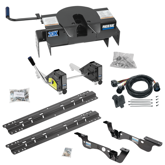 For 2017-2022 Ford F-450 Super Duty Custom Outboard Above Bed Rail Kit + 20K Fifth Wheel + Round Tube Slider + In-Bed Wiring (For 6-1/2' or Shorter Bed, Except Cab & Chassis, w/o Factory Puck System Models) By Reese