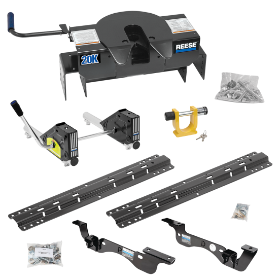 For 2017-2022 Ford F-450 Super Duty Custom Outboard Above Bed Rail Kit + 20K Fifth Wheel + Round Tube Slider + King Pin Lock (For 6-1/2' or Shorter Bed, Except Cab & Chassis, w/o Factory Puck System Models) By Reese