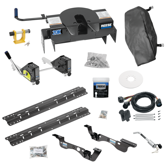 For 2017-2022 Ford F-450 Super Duty Custom Outboard Above Bed Rail Kit + 20K Fifth Wheel + Round Tube Slider + King Pin Lock + Base Rail Lock + 10" Lube Plate + Fifth Wheel Cover + Lube (For 6-1/2' or Shorter Bed, Except Cab & Chassis, w/o Factor