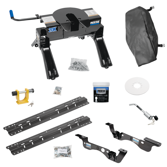 For 2017-2022 Ford F-450 Super Duty Custom Outboard Above Bed Rail Kit + 20K Fifth Wheel + King Pin Lock + Base Rail Lock + 10" Lube Plate + Fifth Wheel Cover + Lube (For 5'8 or Shorter Bed (Sidewinder Required), Except Cab & Chassis, w/o Factory