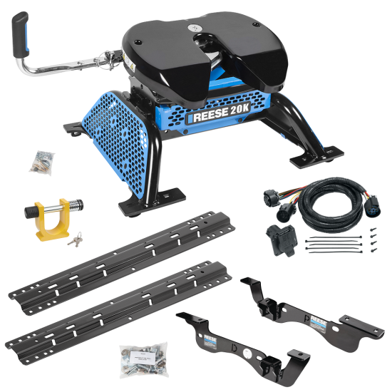 For 2017-2022 Ford F-450 Super Duty Custom Outboard Above Bed Rail Kit + Reese M5 20K Fifth Wheel + In-Bed Wiring + King Pin Lock (For 6-1/2' and 8 foot Bed, Except Cab & Chassis, w/o Factory Puck System Models) By Reese