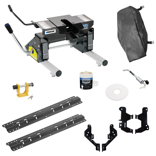 For 2019-2024 RAM 1500 Custom Outboard Above Bed Rail Kit + 16K Fifth Wheel + Round Tube Slider + King Pin Lock + Base Rail Lock + 10" Lube Plate + Fifth Wheel Cover + Lube (For 6-1/2' or Shorter Bed, (New Body Style), Except w/Split Tail Gate, w/o F