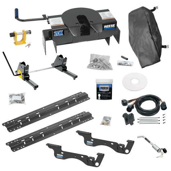 For 2023-2024 Ford F-350 Super Duty Custom Outboard Above Bed Rail Kit + 20K Fifth Wheel + Square Slider + King Pin Lock + Base Rail Lock + 10" Lube Plate + Fifth Wheel Cover + Lube (For 6-1/2' or Shorter Bed, Except Cab & Chassis, w/o Factory Pu