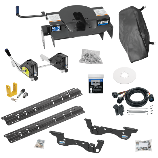 For 2023-2024 Ford F-350 Super Duty Custom Outboard Above Bed Rail Kit + 20K Fifth Wheel + Round Tube Slider + In-Bed Wiring + King Pin Lock + Base Rail Lock + 10" Lube Plate + Fifth Wheel Cover + Lube (For 6-1/2' or Shorter Bed, Except Cab & Cha