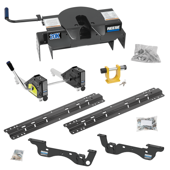 For 2023-2024 Ford F-350 Super Duty Custom Outboard Above Bed Rail Kit + 20K Fifth Wheel + Round Tube Slider + King Pin Lock (For 6-1/2' or Shorter Bed, Except Cab & Chassis, w/o Factory Puck System Models) By Reese