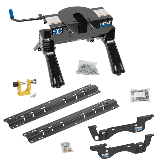 For 2023-2024 Ford F-350 Super Duty Custom Outboard Above Bed Rail Kit + 20K Fifth Wheel + King Pin Lock (For 5'8 or Shorter Bed (Sidewinder Required), Except Cab & Chassis, w/o Factory Puck System Models) By Reese