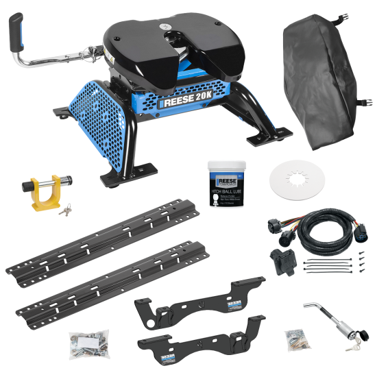 For 2023-2024 Ford F-350 Super Duty Custom Outboard Above Bed Rail Kit + Reese M5 20K Fifth Wheel + In-Bed Wiring + King Pin Lock + Base Rail Lock + 10" Lube Plate + Fifth Wheel Cover + Lube (For 5'8 or Shorter Bed (Sidewinder Required), Except Cab &