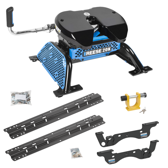 For 2023-2024 Ford F-350 Super Duty Custom Outboard Above Bed Rail Kit + Reese M5 20K Fifth Wheel + King Pin Lock (For 5'8 or Shorter Bed (Sidewinder Required), Except Cab & Chassis, w/o Factory Puck System Models) By Reese