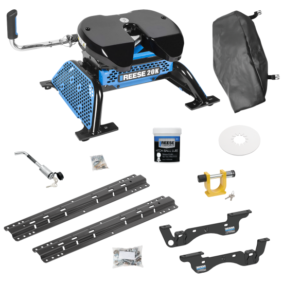 For 2023-2024 Ford F-350 Super Duty Custom Outboard Above Bed Rail Kit + Reese M5 20K Fifth Wheel + King Pin Lock + Base Rail Lock + 10" Lube Plate + Fifth Wheel Cover + Lube (For 5'8 or Shorter Bed (Sidewinder Required), Except Cab & Chassis, w/