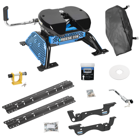 For 2023-2024 Ford F-350 Super Duty Custom Outboard Above Bed Rail Kit + Reese M5 27K Fifth Wheel + King Pin Lock + Base Rail Lock + 10" Lube Plate + Fifth Wheel Cover + Lube (For 5'8 or Shorter Bed (Sidewinder Required), Except Cab & Chassis, w/