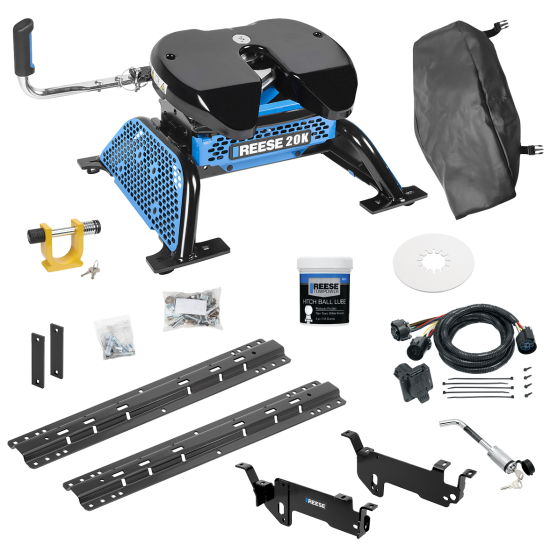 For 2013-2019 RAM 3500 Custom Outboard Above Bed Rail Kit + Reese M5 20K Fifth Wheel + In-Bed Wiring + King Pin Lock + Base Rail Lock + 10" Lube Plate + Fifth Wheel Cover + Lube (For 5'8 or Shorter Bed (Sidewinder Required), Except w/RamBox Cargo Man