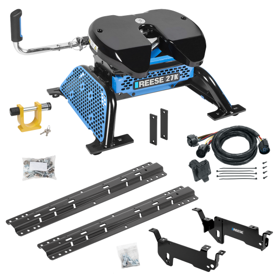 For 2013-2019 RAM 3500 Custom Outboard Above Bed Rail Kit + Reese M5 27K Fifth Wheel + In-Bed Wiring + King Pin Lock (For 5'8 or Shorter Bed (Sidewinder Required), Except w/RamBox Cargo Management System or Models w/Air Suspension, w/o Factory Puck System