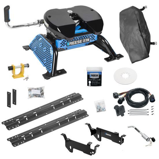 For 2013-2019 RAM 3500 Custom Outboard Above Bed Rail Kit + Reese M5 27K Fifth Wheel + In-Bed Wiring + King Pin Lock + Base Rail Lock + 10" Lube Plate + Fifth Wheel Cover + Lube (For 5'8 or Shorter Bed (Sidewinder Required), Except w/RamBox Cargo Man