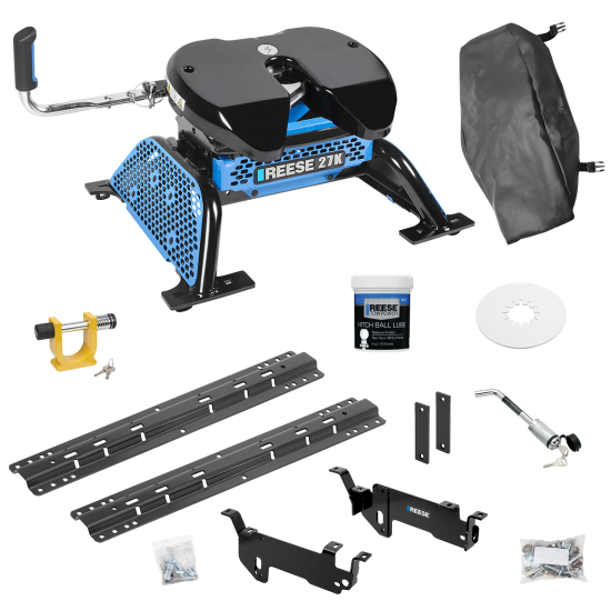 For 2013-2019 RAM 3500 Custom Outboard Above Bed Rail Kit + Reese M5 27K Fifth Wheel + King Pin Lock + Base Rail Lock + 10" Lube Plate + Fifth Wheel Cover + Lube (For 5'8 or Shorter Bed (Sidewinder Required), Except w/RamBox Cargo Management System o