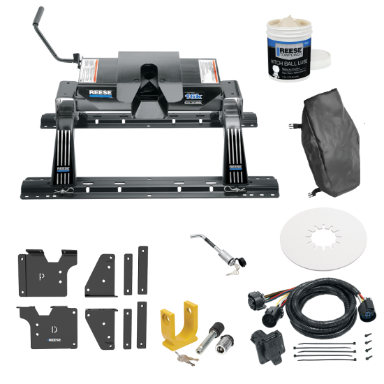 For 2020-2024 GMC Sierra 3500 HD Custom Outboard Above Bed Rail Kit + 16K Fifth Wheel + In-Bed Wiring + King Pin Lock + Base Rail Lock + 10" Lube Plate + Fifth Wheel Cover + Lube (For 6-1/2' and 8 foot Bed, w/o Factory Puck System Models) By Reese