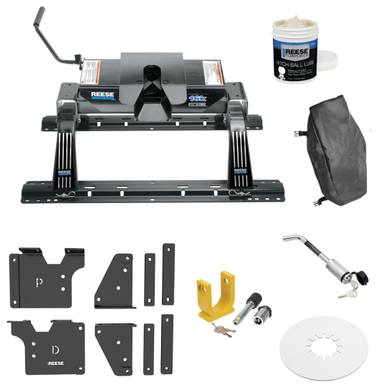 For 2020-2024 GMC Sierra 3500 HD Custom Outboard Above Bed Rail Kit + 16K Fifth Wheel + King Pin Lock + Base Rail Lock + 10" Lube Plate + Fifth Wheel Cover + Lube (For 5'8 or Shorter Bed (Sidewinder Required), w/o Factory Puck System Models) By Reese