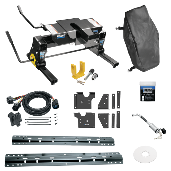 For 2020-2024 Chevrolet Silverado 3500 HD Custom Outboard Above Bed Rail Kit + 16K Fifth Wheel + Square Slider + In-Bed Wiring + King Pin Lock + Base Rail Lock + 10" Lube Plate + Fifth Wheel Cover + Lube (For 6-1/2' or Shorter Bed, w/o Factory Puck S